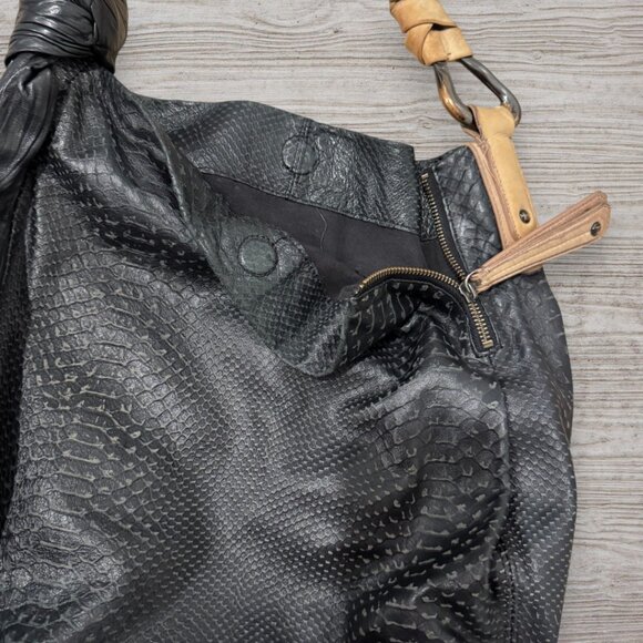 H by Halston Heritage Embossed Leather Pleated Hobo Shoulder Bag Black Tan Purse - Picture 6 of 16